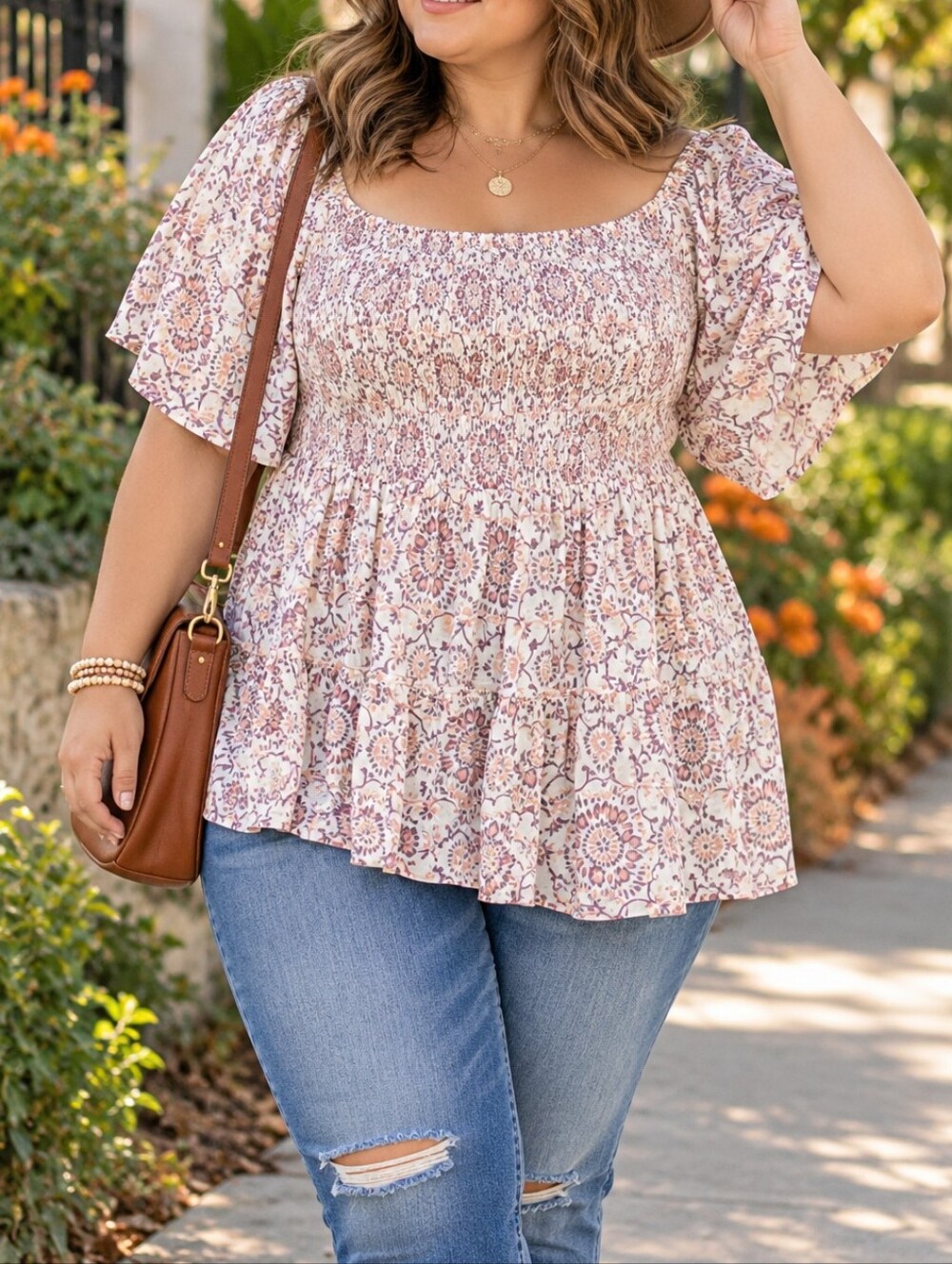 Torrid Plus Size Cream Dusty Pink Floral Smocked Tiered Off Shoulder Top Casual